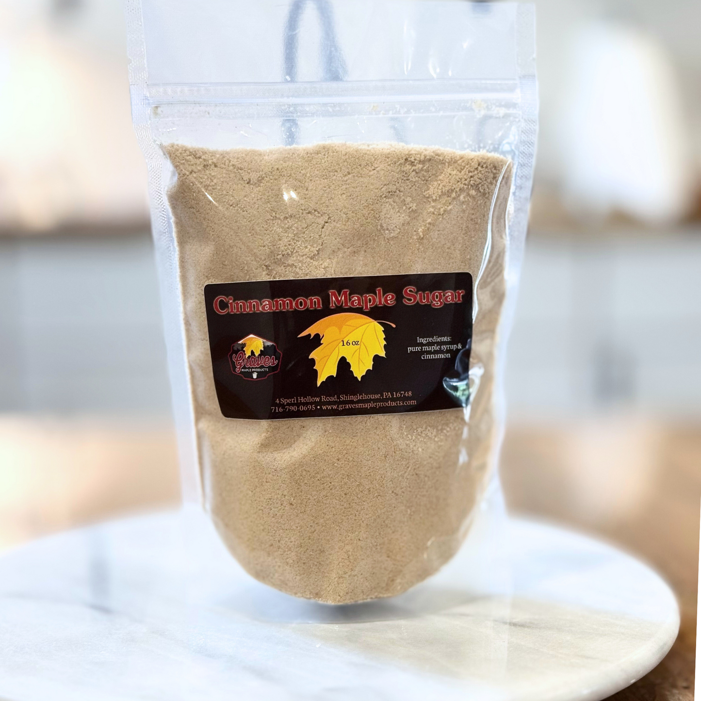 Cinnamon maple sugar in 16 oz resealable bag – pure maple and cinnamon by Graves Maple Products, PA