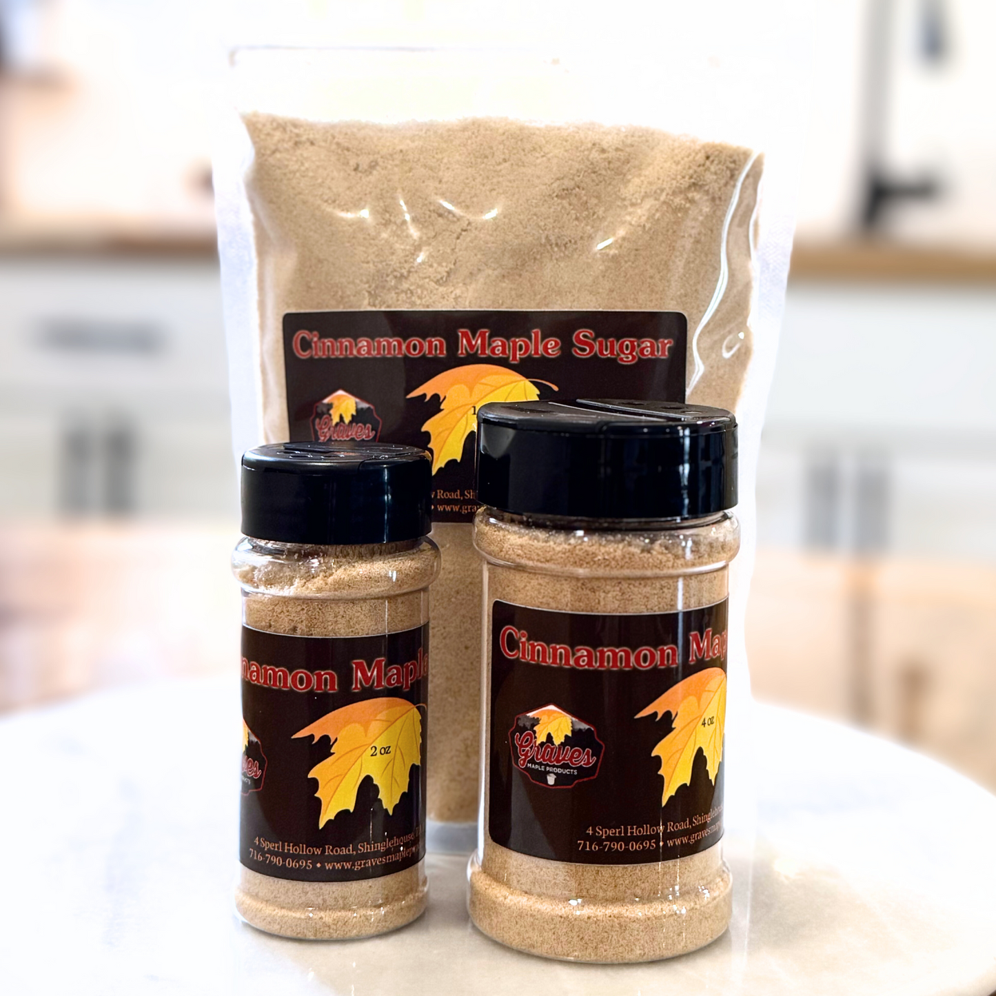 Cinnamon maple sugar in three sizes – handcrafted sweet seasoning by Graves Maple Products, PA