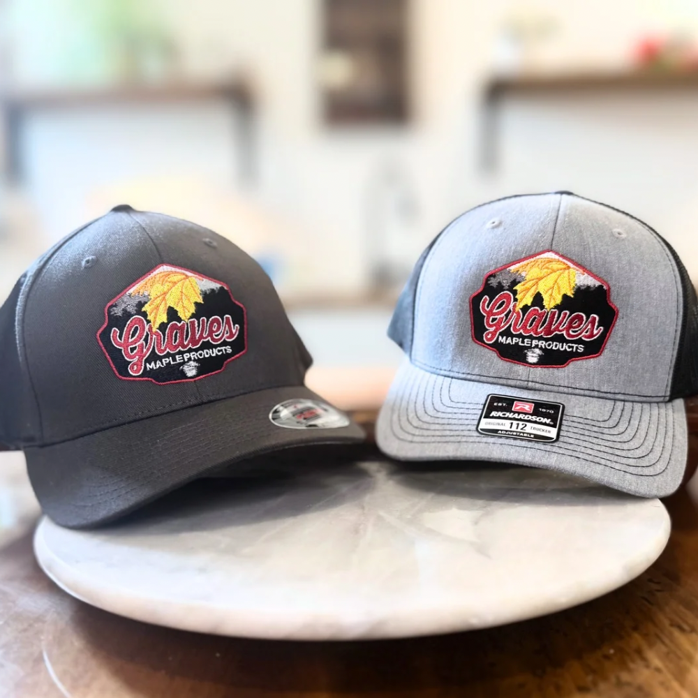 Graves Maple Products branded hats – Richardson 112 trucker caps in gray and black