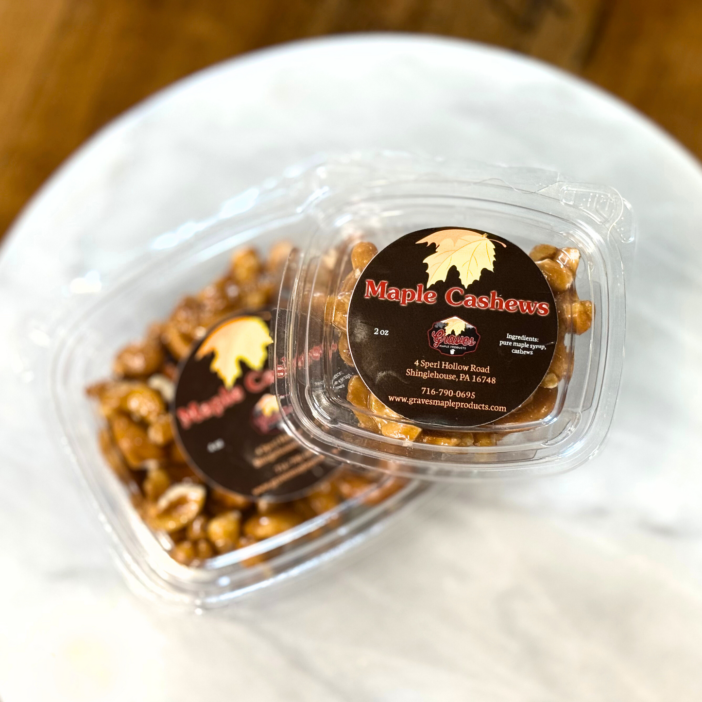Maple-coated cashews snack – sweet roasted nuts from Graves Maple Products, Potter County PA