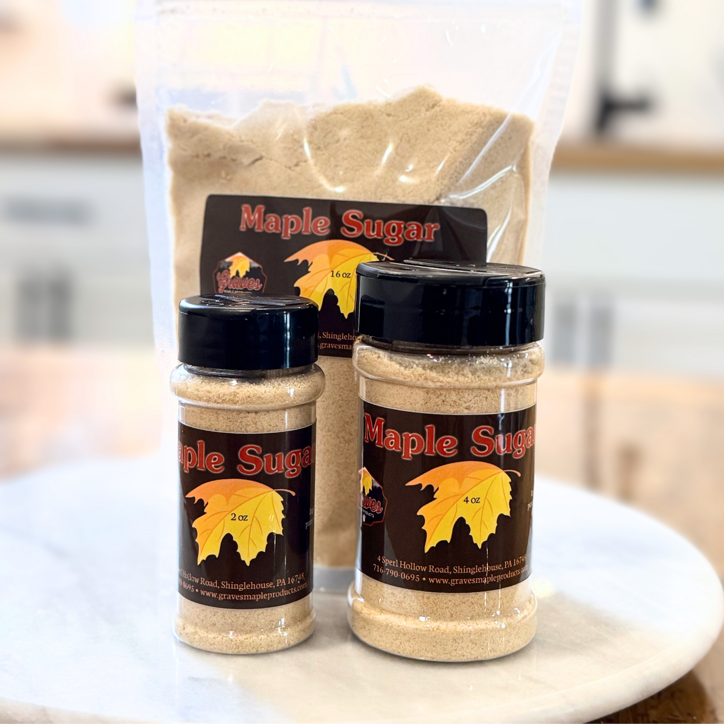 Maple sugar in three sizes – handcrafted sweet seasoning by Graves Maple Products, PA