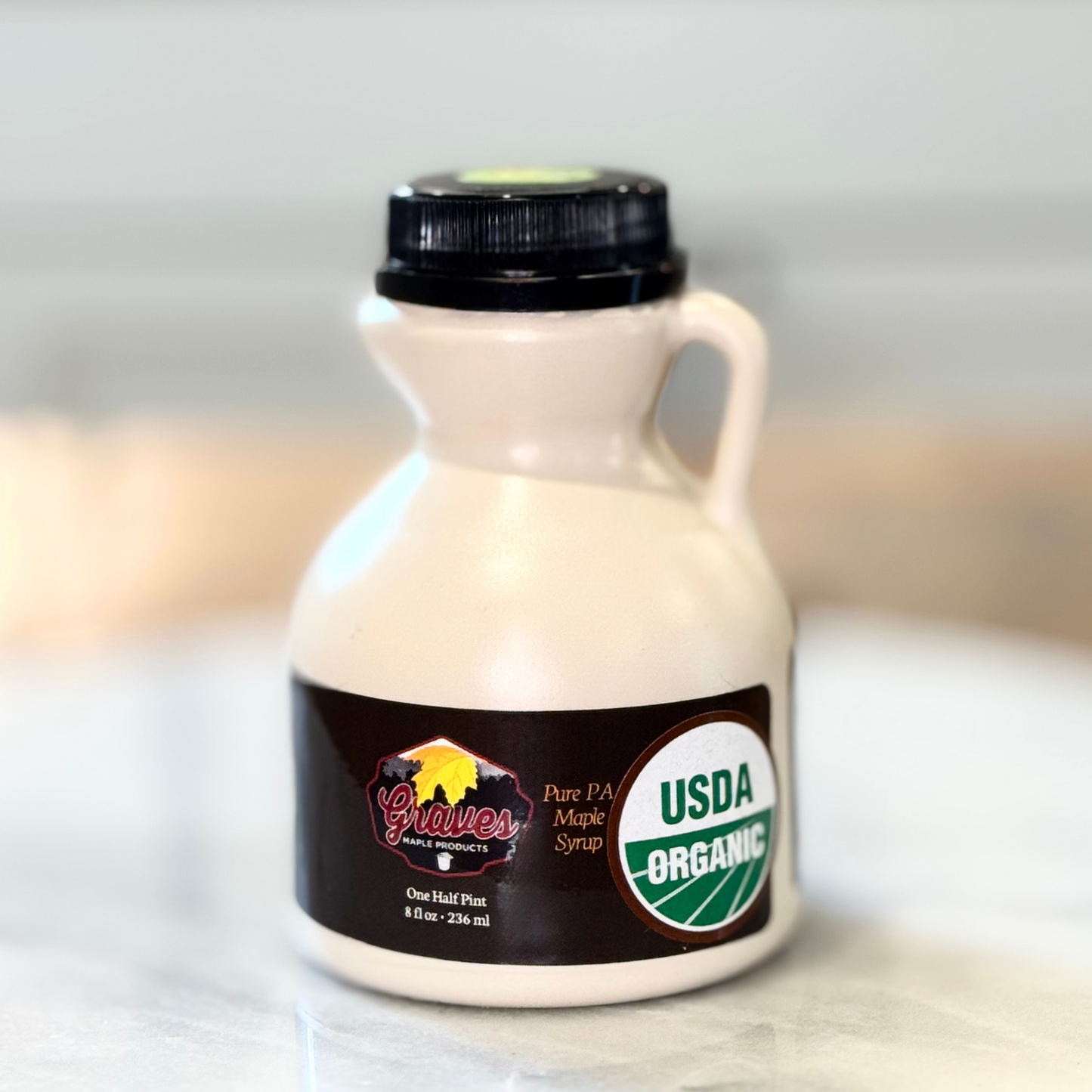 Half pint organic maple syrup in 8 oz jug – Graves Maple Products, Shinglehouse PA