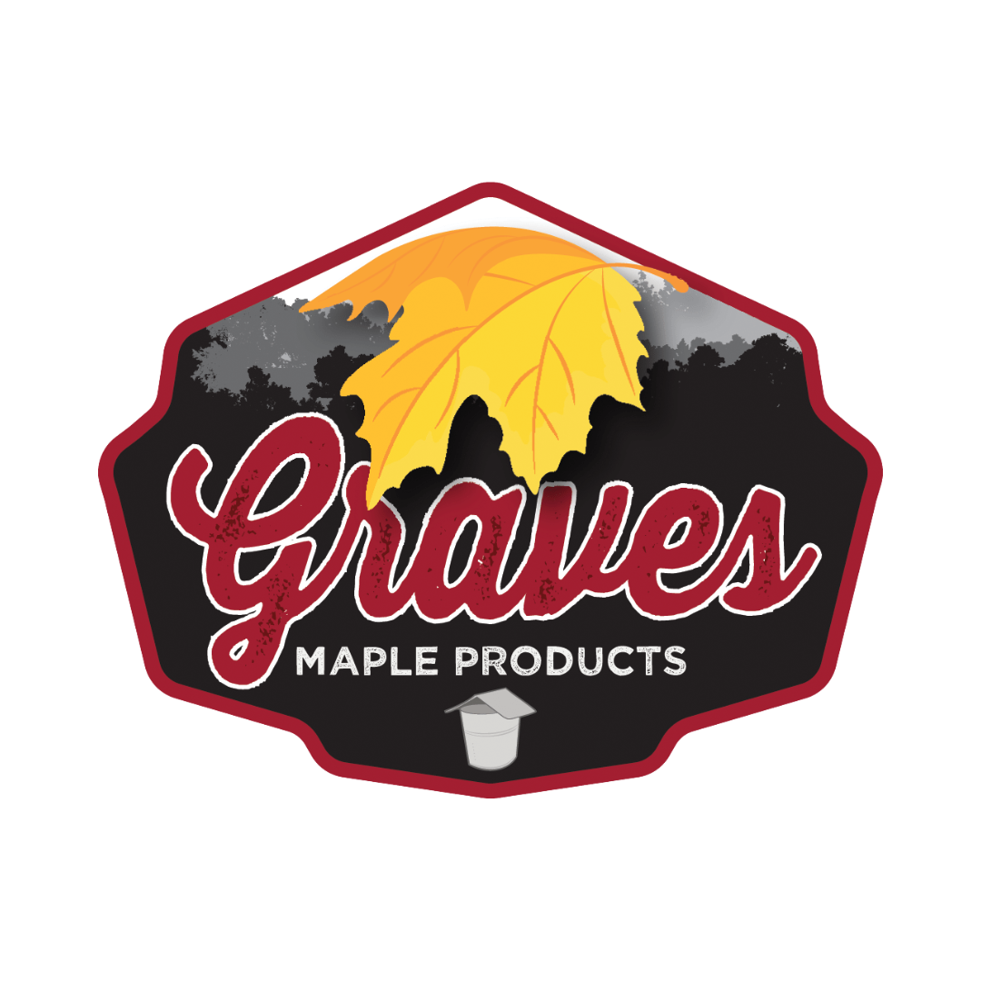 Graves Maple Products logo featuring a yellow maple leaf with red outline and black tree line, representing Pennsylvania maple syrup brand.