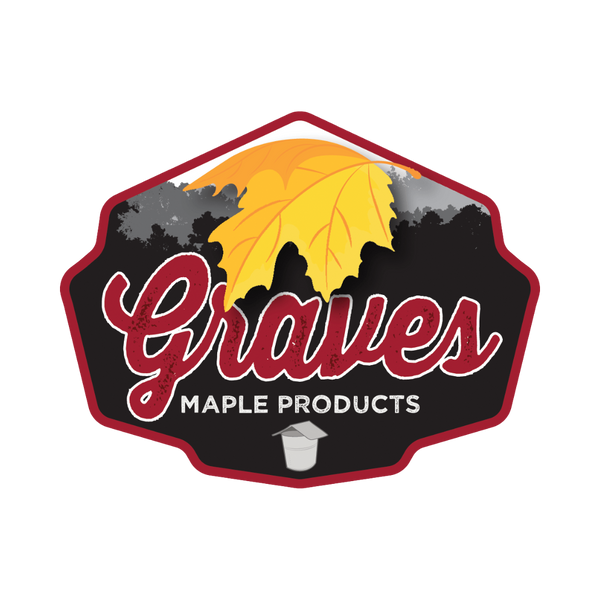 Graves Maple Products logo featuring a yellow maple leaf with red outline and black tree line, representing Pennsylvania maple syrup brand.