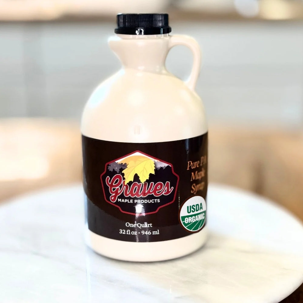 Organic maple Syrup produced by Graves Maple products one quart jug.