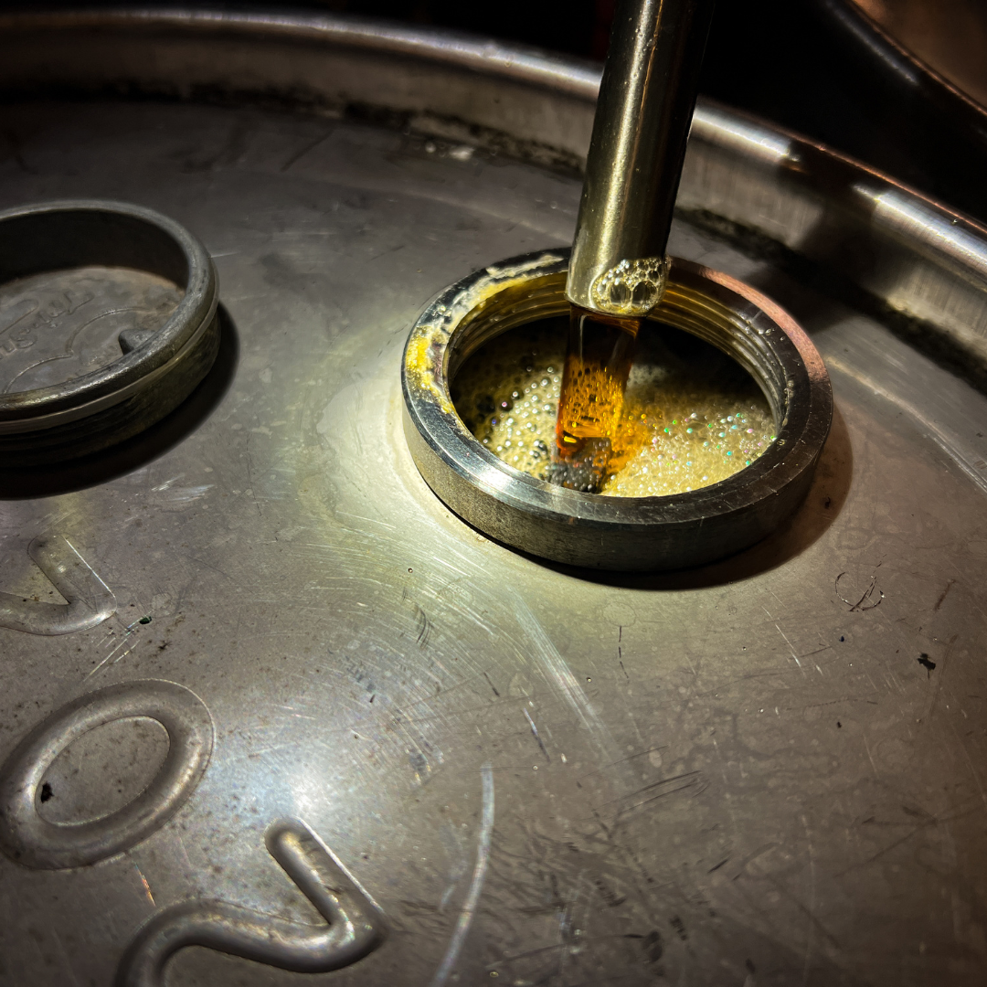 Fresh Maple Syrup Filling Stainless Steel Drum – Graves Maple Products
Golden maple syrup flows from a spout into a stainless steel storage drum at Graves Maple Products, creating bubbles and rich amber color under warm lighting.