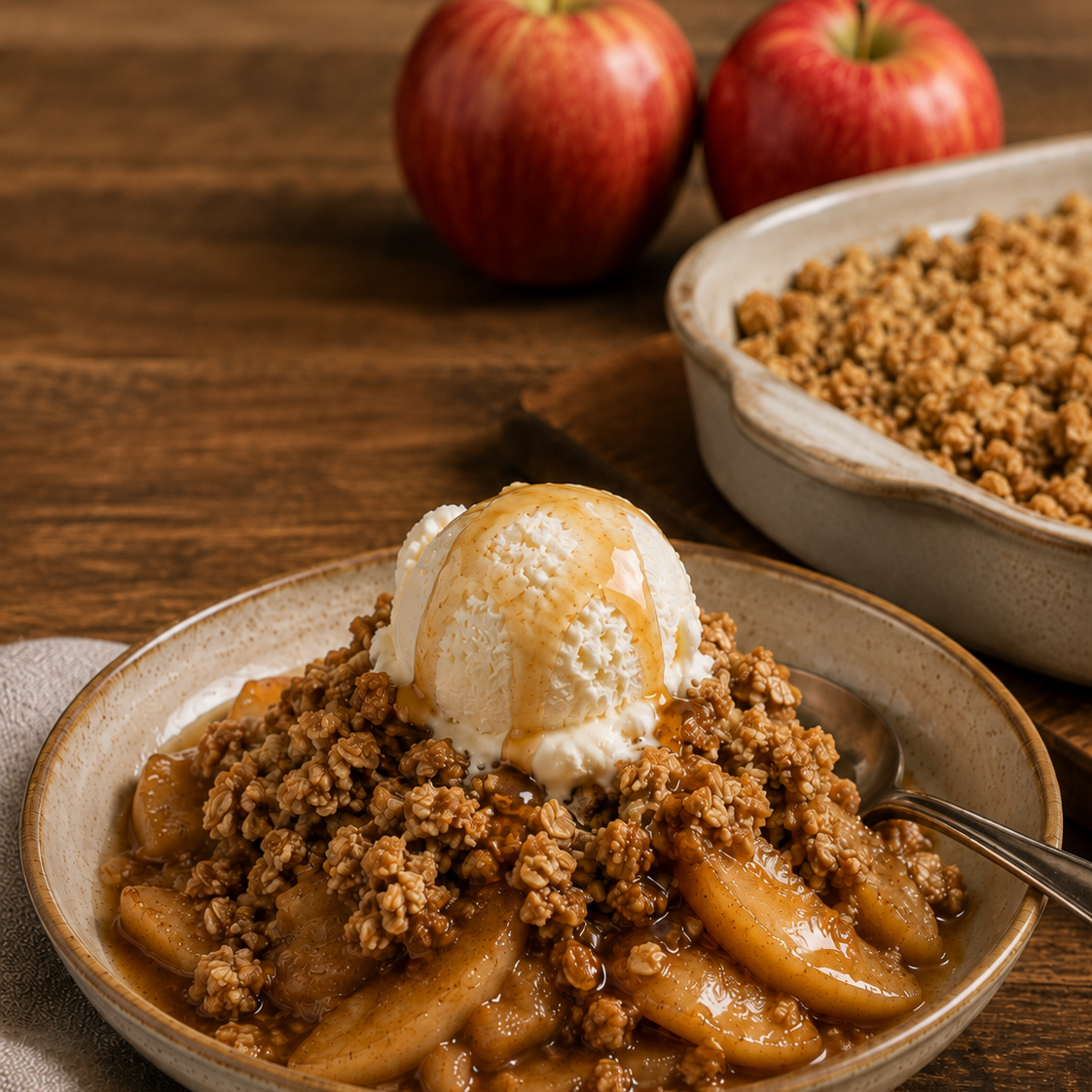 A bowl of apple crisp dessert topped with a scoop of vanilla ice cream and caramel sauce, set on a wooden table with whole red apples and another dish of crisp in the background.
