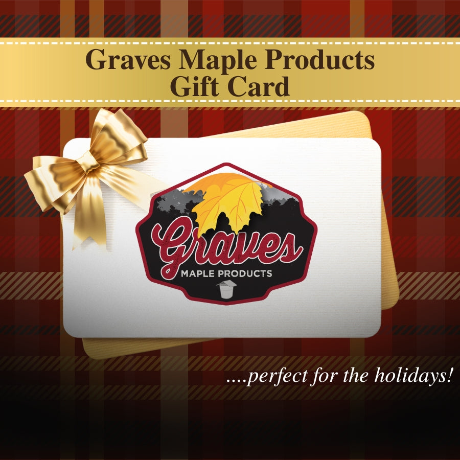 Gift card with Graves Maple Products logo on a plaid background