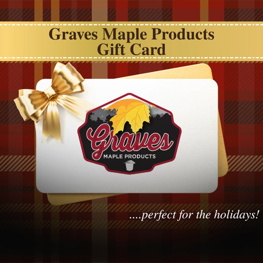 Gift card with Graves Maple Products logo on a plaid background