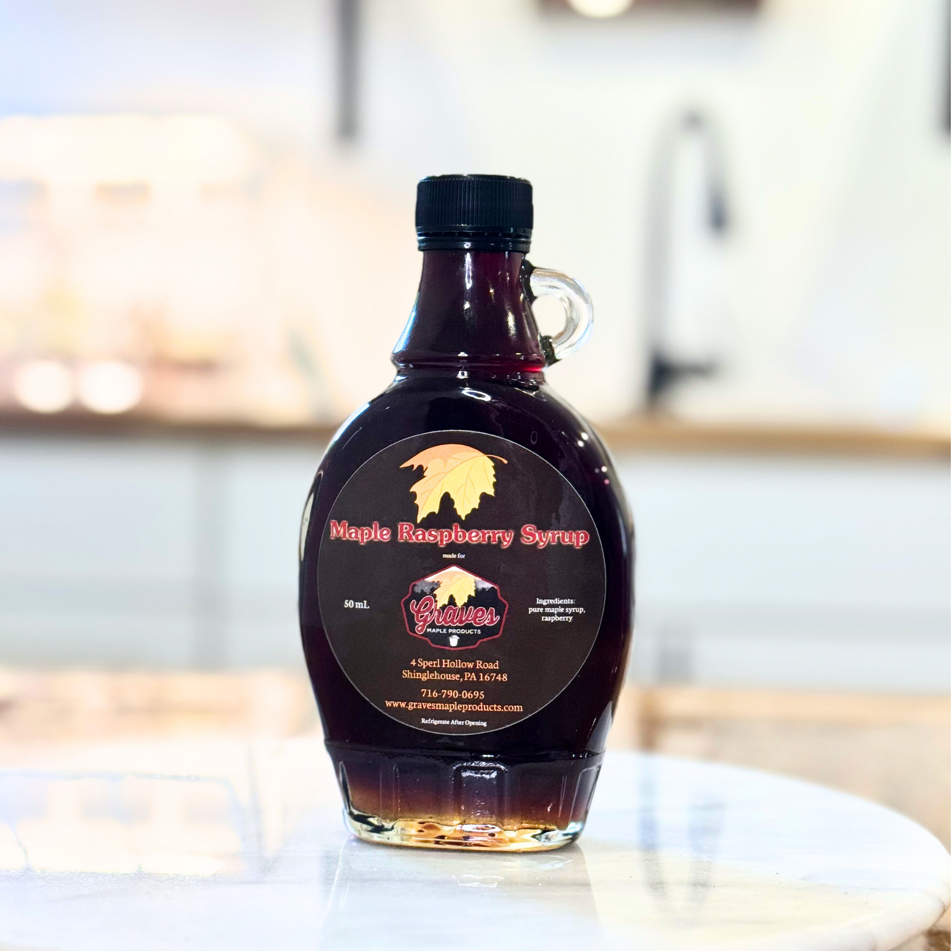 Raspberry maple syrup in bottle – infused blend by Graves Maple Products, Northern PA