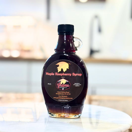 Raspberry maple syrup in bottle – infused blend by Graves Maple Products, Northern PA