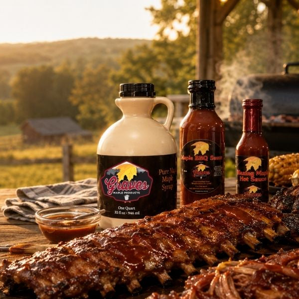 Barbecue meal with ribs, corn on the cob, and bottles of barbecue sauce on a wooden table with a scenic background.