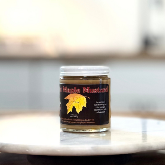 Jar of sweet and tangy maple mustard from Graves Maple Products, PA