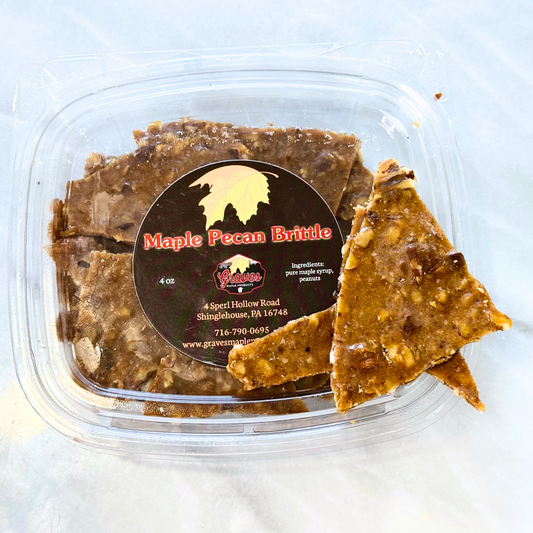 Handmade maple pecan brittle from Graves Maple Products with roasted pecans and maple