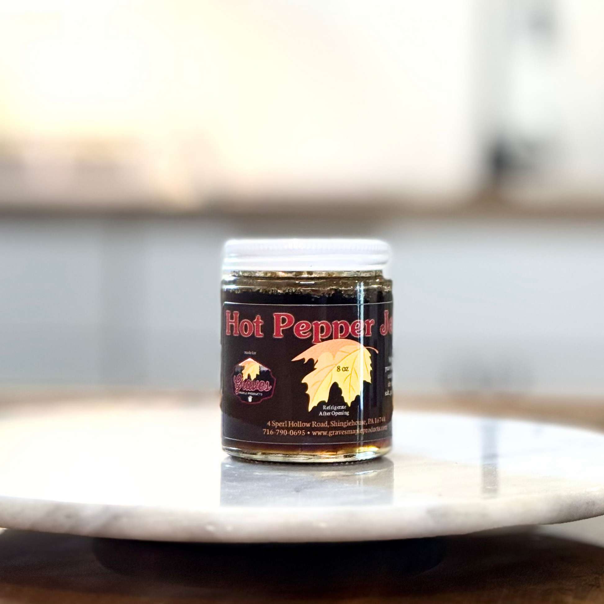 Spicy pepper jelly in jar – handcrafted by Graves Maple Products in Northern PA