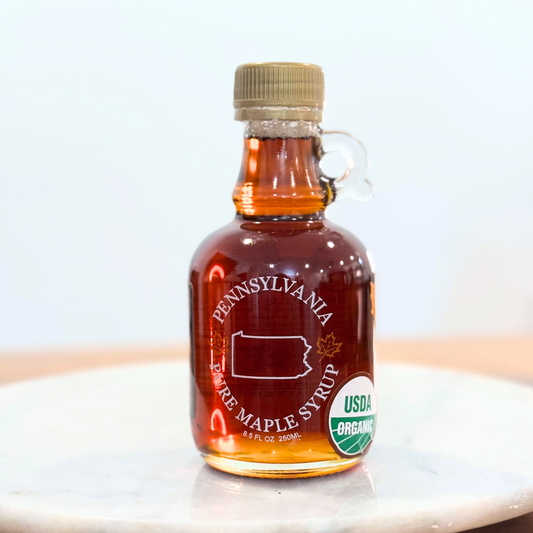 8oz glass bottle of pure organic maple syrup from Graves Maple Products, Pennsylvania