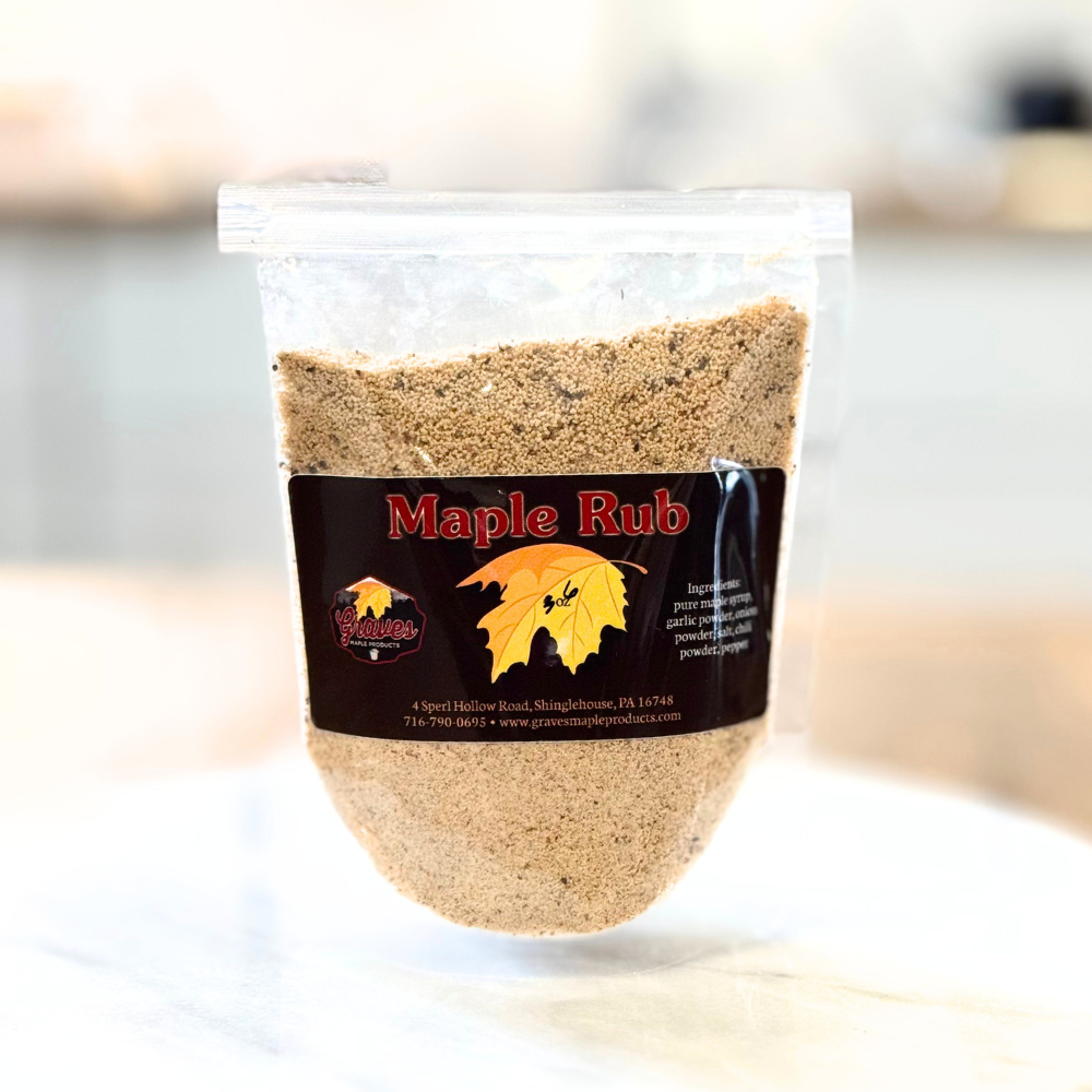 Bag of Graves Maple Products Maple Rub spice blend with garlic, onion, chili, salt, pepper, and maple

