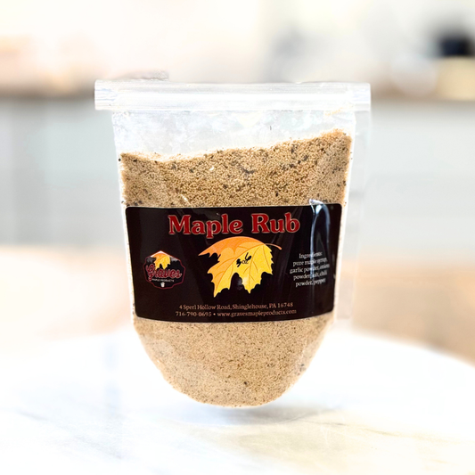 Bag of Graves Maple Products Maple Rub spice blend with garlic, onion, chili, salt, pepper, and maple

