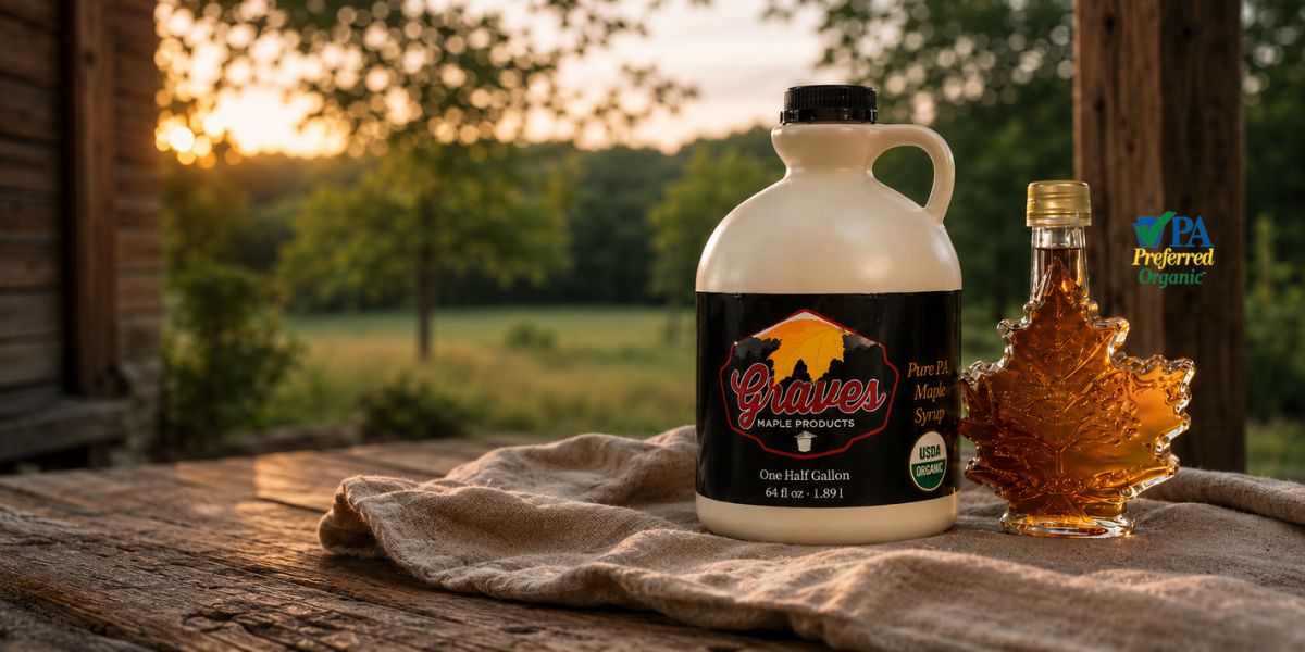Graves Maple Products maple syrup jug and maple leaf glass bottle on a rustic table at summer sunset with PA Preferred Organic logo.