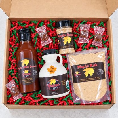Sugarhouse Favorites gift box from Graves Maple Products with one-pint pure maple syrup, BBQ sauce, maple sugar, maple rub, and wrapped candies.