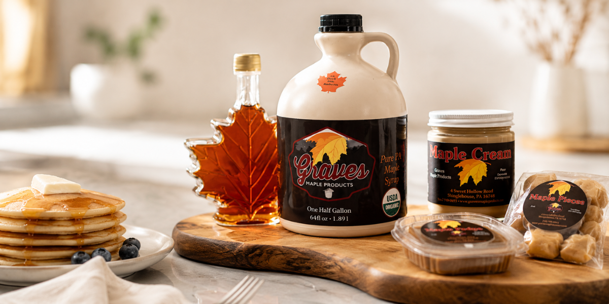 Graves Maple Products maple syrup, maple cream, and maple pieces arranged beside pancakes with syrup for the Shop All Maple Products page.