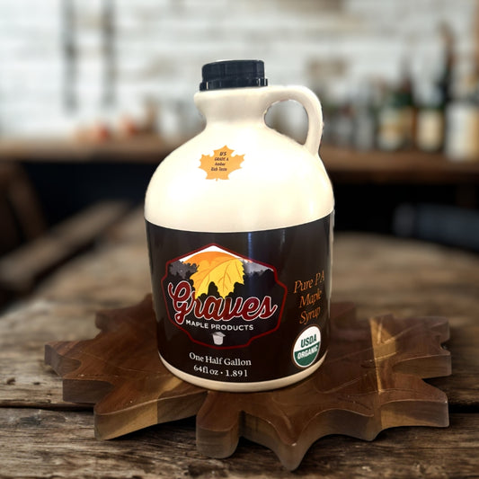 Organic amber rich maple syrup from Graves Maple Products in Pennsylvania