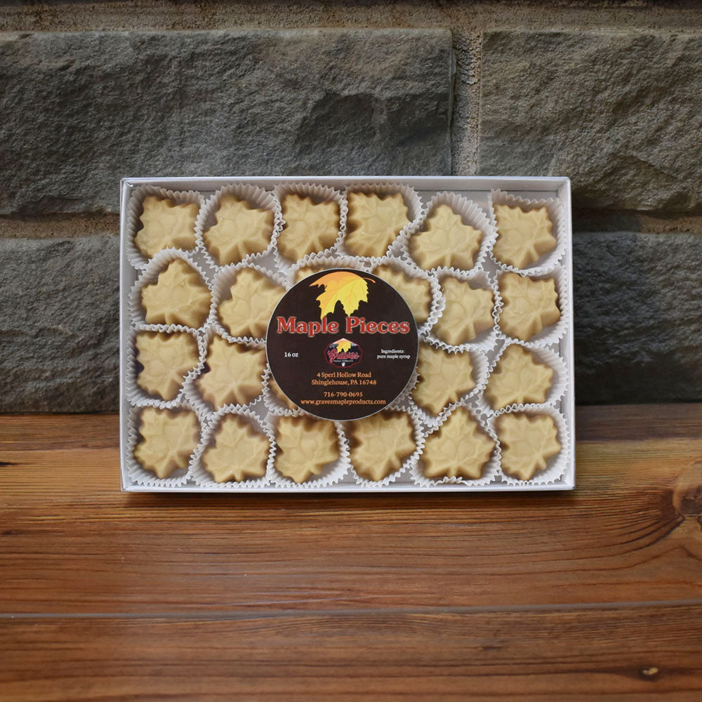 16 oz box of maple leaf candy – pure maple pieces by Graves Maple Products, Shinglehouse PA