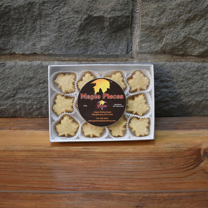 Box of maple leaf-shaped candy – pure maple pieces by Graves Maple Products, Shinglehouse PA