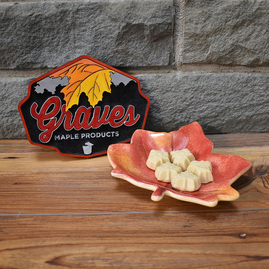Maple candy pieces on autumn leaf dish – Graves Maple Products sign, Potter County PA