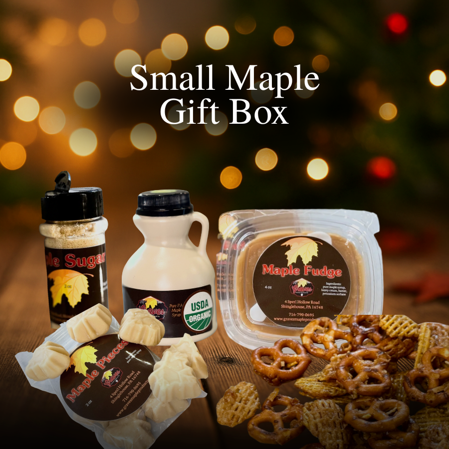 “Small Maple Gift Box contents with half-pint maple syrup, maple crunch, maple candy, maple fudge, and maple sugar.”