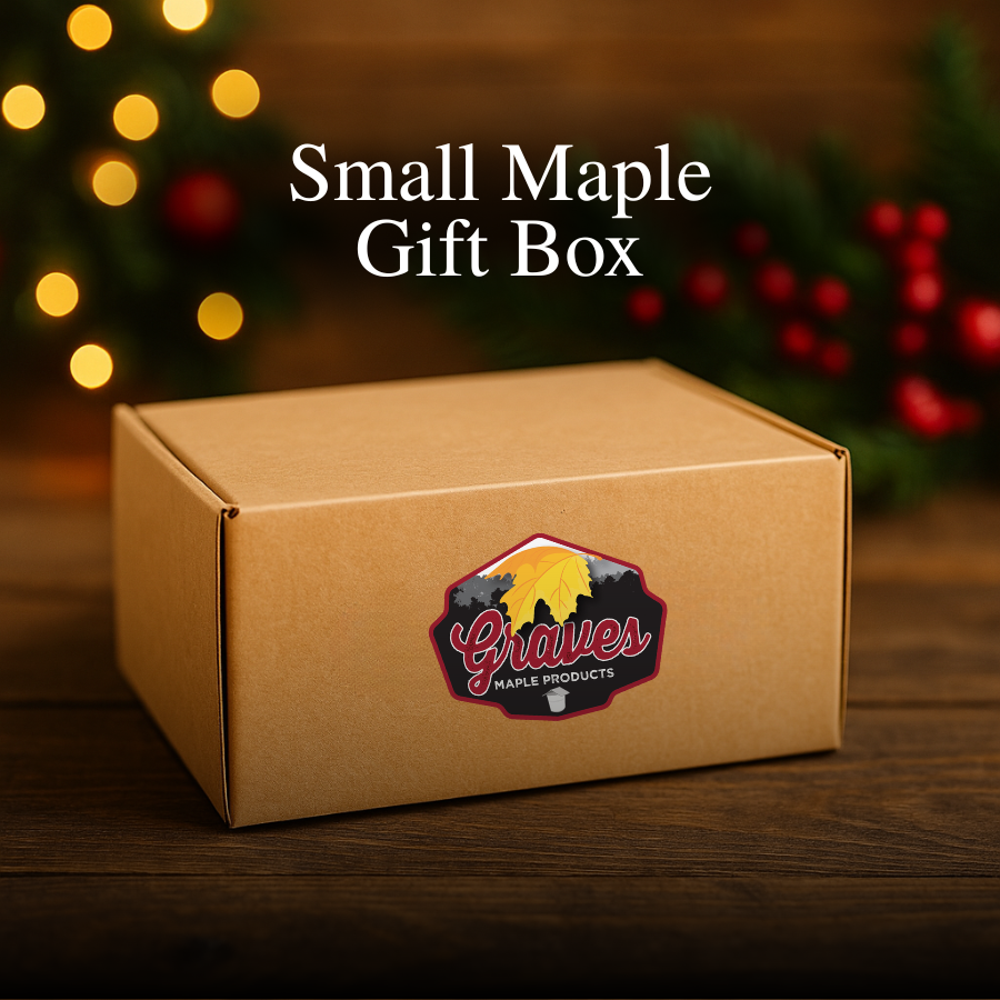 “Small Maple Gift Box from Graves Maple Products, closed kraft box with holiday background.”